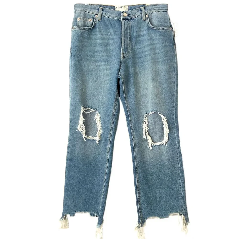 We The Free Maggie Mid Rise Straight Leg Distressed Jeans Blue 28